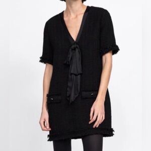 ZARA Black Tweed V Neck Short Sleeve Mini Dress With Satin Bow S Small NWT